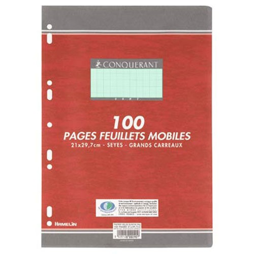 Feuillets mobiles 100 pages perforées A4 - grands carreaux - vert - 80g -  CONQUERANT 7 - BURO REUNION