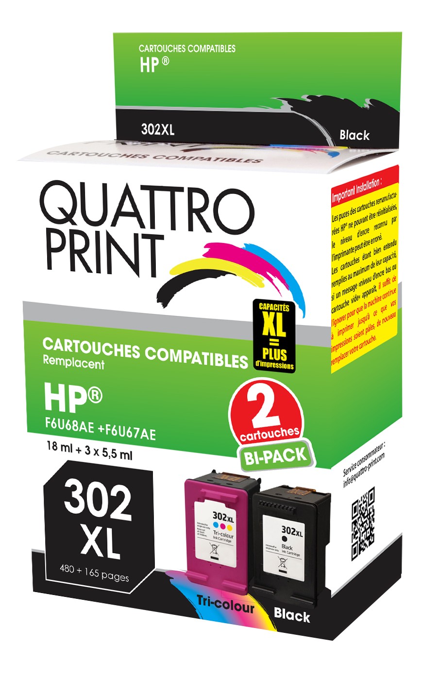 Pack de 2 cartouches compatibles Hp 302 XL noir et 302 XL couleurs